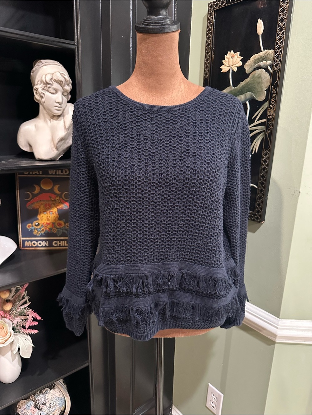 Cotton by Autumn Cashmere Blue Fringe Split‑Back Sweater – Size Medium